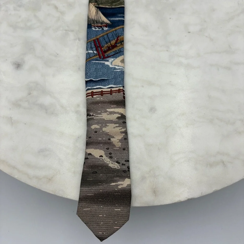 Vintage Americana Airplane Flag Boat Water Necktie‎ Coastal Patriotic USA 56